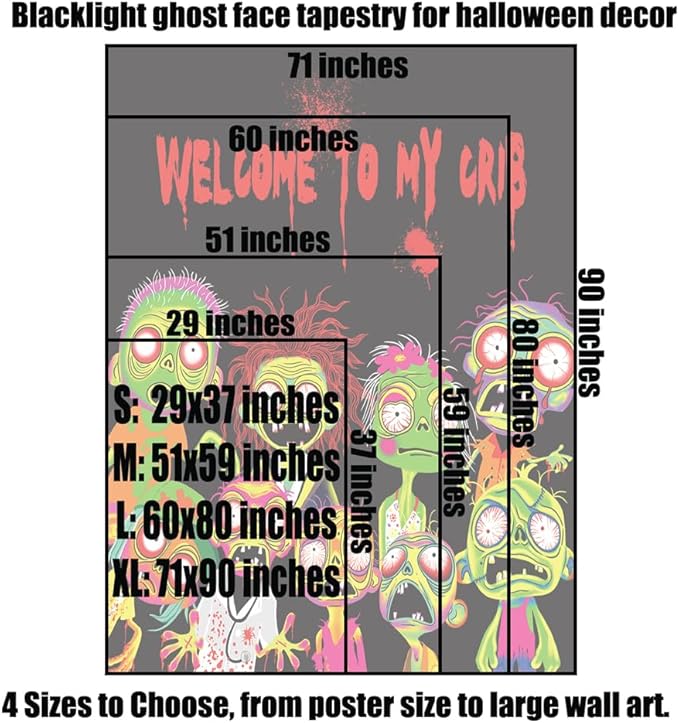 Horror Tapestry Blacklight Tapestry for Bedroom Zombie Crowd Around Tapestries UV Reactive Poster Glow in the Dark Walker Undead Ghoul Tapestries Wall Hanging Halloween Decor Scary Room Decor 59"x51"