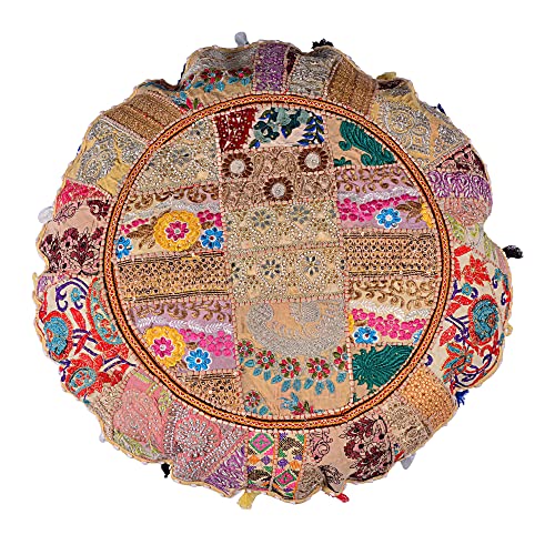 Rajasthani Handmade Colorful Decorative Floor Pillow Cover Meditation Patchwork Patchwork Cushion Seating Accent Boho Chic Indian Handmade Cover ONLY (Beige, 32X32 Inches) - color: Beige