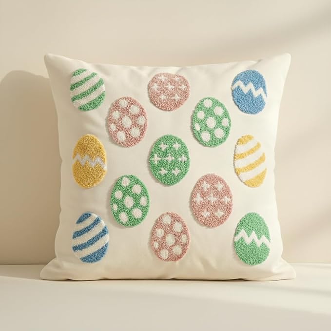 Jonhier Easter Throw Pillow Covers, Muted Morandi Colorful Easter Egg Decorations with Tufted Embroidery, Boho Farmhouse Neutral Rustic Spring Decorative Pillows for Couch Sofa, 18x18 Inch, 1 PC