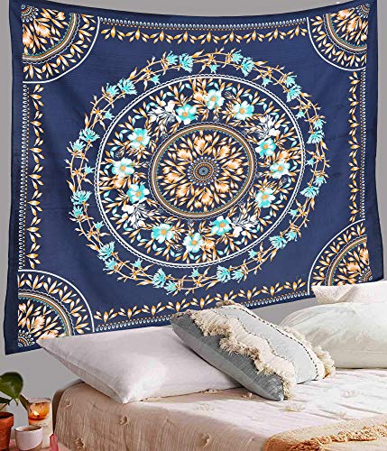 ANJANIYA Floral Mandala Wall Art - Indian Tapestry Dorm Decor Hippie Wall Hanging Psychedelic - Bohemian Decor (Navy Blue, 54"X60") - color: Navy Blue, size: 60"L x 54"W