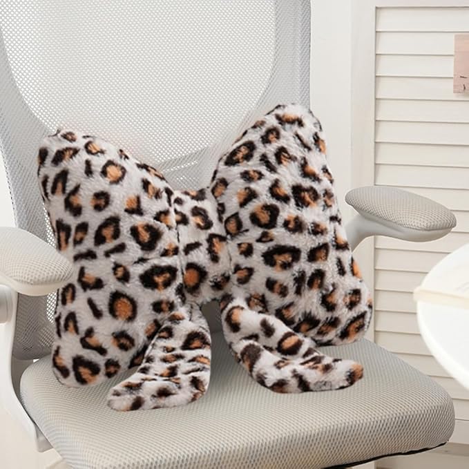 Leopard Print Throw Pillow Furry Bow Plush Pillows Cute Flower Plush Pillow Cheetah Home Decor Stuffed Bow Lumbar Pillow for Bed Couch Living Room Decor (White-B, 16in)