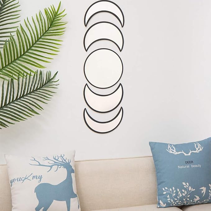 5 Pieces Scandinavian Natural Decor Acrylic Wall Decorative Interior Design Wooden Moon Phase Mirror Bohemian Wall Decoration for Home Living Room Bedroom - Not Real Mirror(Black)