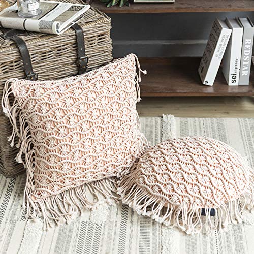 Phantoscope 100% Cotton Handmade Crochet Woven Boho Throw Pillow with Tassel Cute Farmhouse Pillow Insert Included Lumbar Small Decorative Cushion for Couch Sofa, Pink,16 inches Round - color: Pale Pink