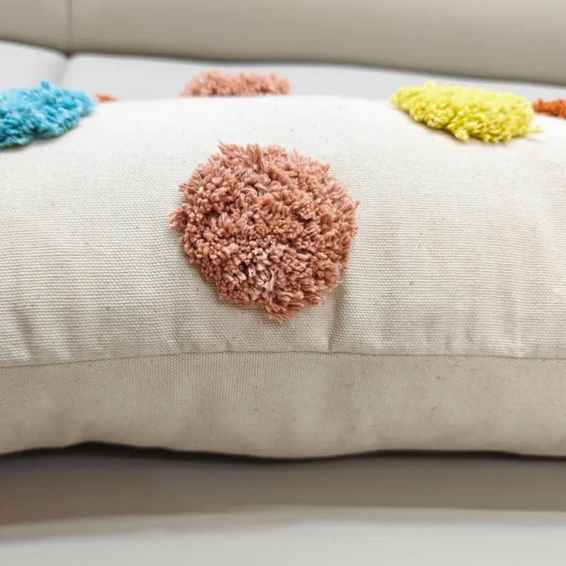 14x20 Multicolor Tufted Polka Dot Pillow Cover, Cream Cotton Boho Cushion Case