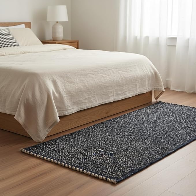 Navy 2X6 Jute Rug Braided Construction - Farmhouse Woven Carpet - Nautical Floor Covering for Hallways and Kitchen, Runner 2' x 6'