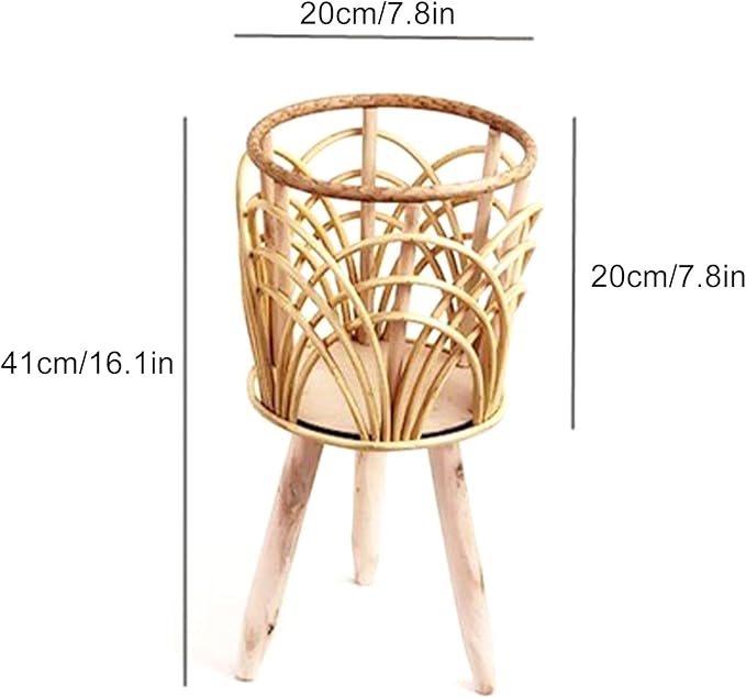 Wnvivi Raised Wooden Planter Stand,Handwoven Boho Flower Pot on Wooden Standing Legs,Tall Floor Plant Display Holder Basket for Living Room Decor(S)