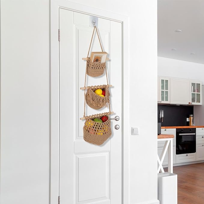 3 Tier Hanging Fruit Basket, Wall Hanging Vegetable Fruit Baskets Cotton Woven Storage Baskets for Organizing, BOHO Wall Basket Decor, Over the Door Organizer for Kitchen, Bedroom, Bathroom