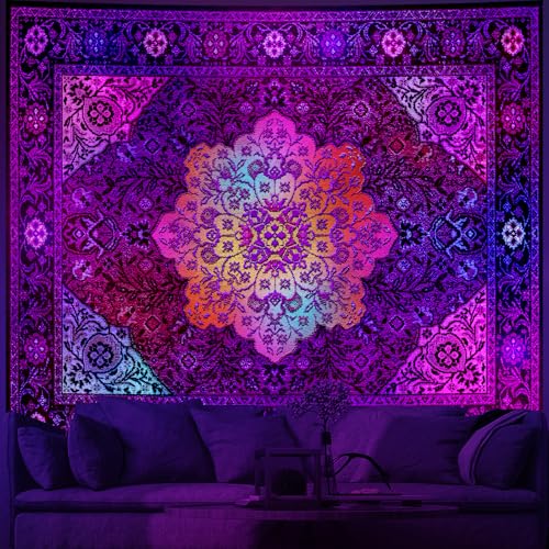Tichgeim Blacklight Mandala Tapestry for Bedroom Aesthetic, Black Light Hippie Boho Floral Art Poster Tapestries, UV Indian Medallion Bohemian Wall Hanging Decor for Living Room Dorm 60" L x 51" W - color: Blacklight Mandala Tapestry, size: 60"L x 51"W