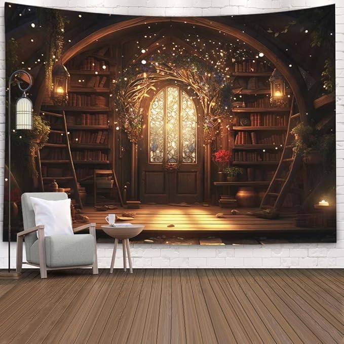 EMMTEEY Magic Library Tapestry for Bedroom 60X40 Inch - Bookshelf Wall Decoration Medieval Gothic Backdrop for Students Women