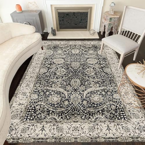 Vintage Living Room Area Rug 4x6 Large Soft Washable Oriental Traditional Distressed Rug for Bedroom Guestroom Playroom Faux Wool Carpet Retro Apartment Farmhouse Non Slip Floor Mat Black Gray - color: A, size: 4x6