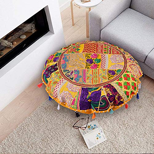 Rajasthani Handmade Colorful Decorative Floor Pillow Cover Meditation Patchwork Patchwork Cushion Seating Accent Boho Chic Indian Handmade Cover ONLY (Yellow, 32X32 Inches) - color: Yellow