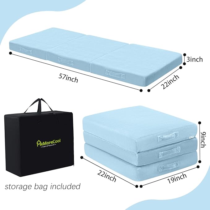 MeMoreCool Foldable Floor Mattress Kids Trifold Mat, Kids Folding Mattress Portable Futon, 57x22 Inch Blue