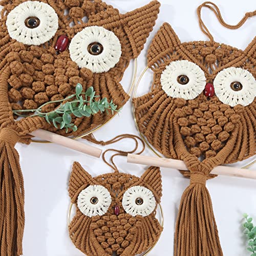 MVSUTA Owl Brown Cotton Handmade Macrame Wall Hanging Tapestry Home Decor Art and Cream Craft Wonderful Decoration Woven Beige Boho Ornament for Office Bedroom Apartment Living Room Nursery - color: Brown, size: 3pcs set:1pc L & 1pc M & 1pc S