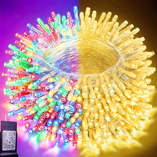 Pooqla 200 LED Color Changing String Lights, 66 ft Warm White to Multicolor Christmas Lights Plug in with Remote, Connectable 11 Modes Waterproof Clear Wire Twinkle Fairy Lights Indoor Outdoor Decor - color: Warm White and Colorful, size: 200LED