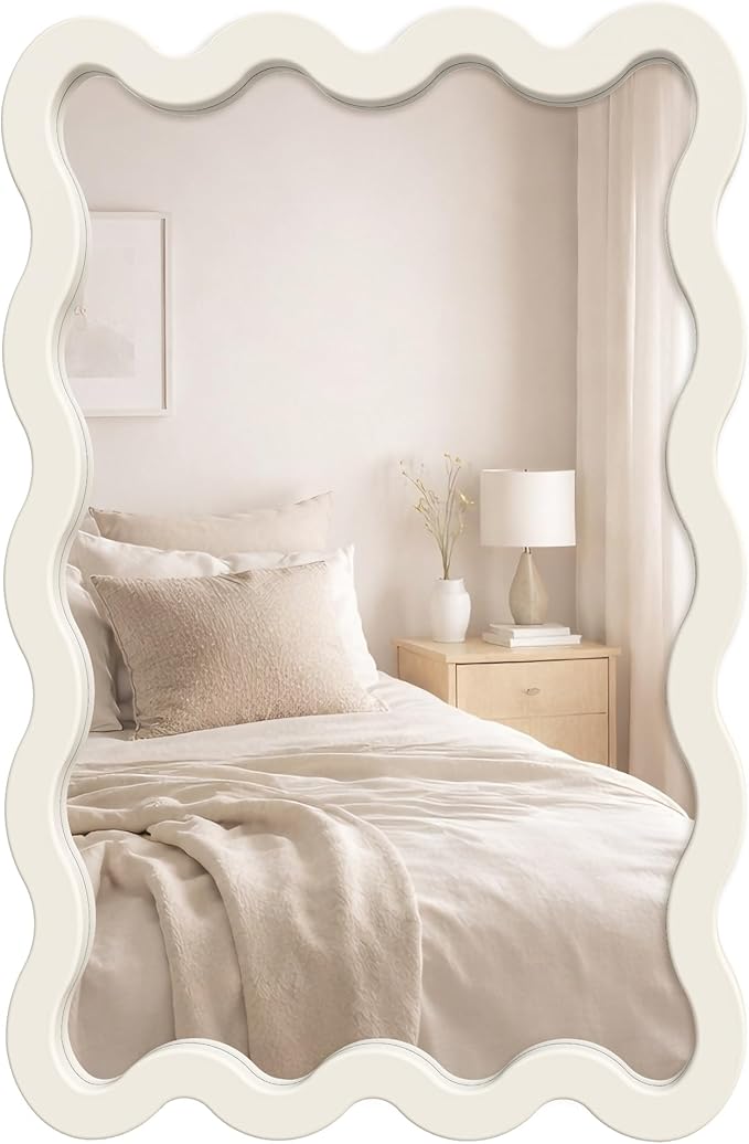 24"x36" White Wavy Wall Mirror for Bedroom Vanity, Large Cream Solid Wood Asymmetrical Mirror, Cute Squiggle Mirror for Room Decor, Aesthetic Funky Curvy Frame