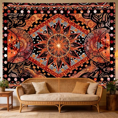 Rexful Orange Sun Star Mandala Tapestry Wall Hanging Indie Hippie Bohemian Wall Tapestries Aesthetic Tapestry for Bedroom Living Room Dorm (Red 2, 48''×36'') - color: Red 2, size: 48''×36''