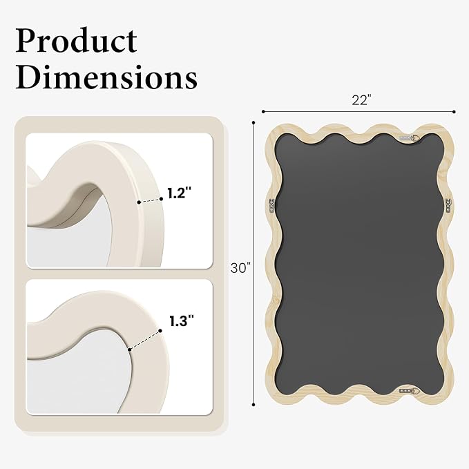 22"x30" White Wavy Wall Mirror for Vanity, Cream Solid Wood Irregular Mirror for Bedroom, Cute Squiggle Mirror for Aesthetic Decor, Small Asymmetrical Curvy Frame