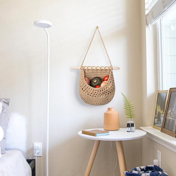 Hanging Fruit Basket Handmade Boho Cotton Rope Wall Hanging Basket Over Door Storage Woven Baskets for Kitchen and Bedroom to Store Any Small Stuffe (1, jute)