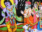 Krishna lifting Goverdhan Batik Cotton Wall Hanging Painting : Size 43"x30" Inches - color: Goverdhan