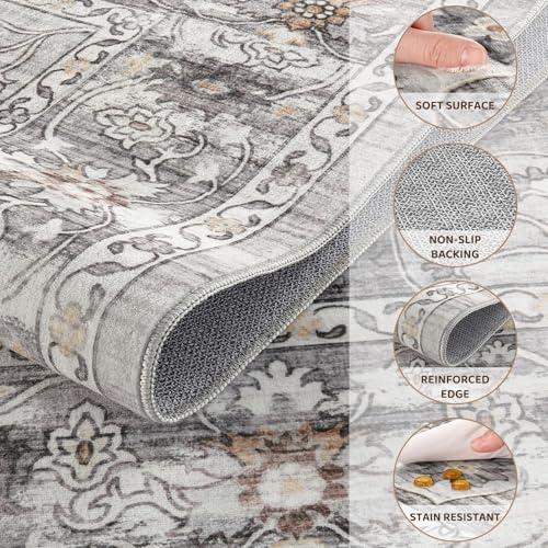 Washable 5x7 Area Rug for Living Room - Ultra Soft Vintage Carpet with Non-Slip Backing, Stain Resistant Low-Pile Indoor Rug for Bedroom & Home Office, Kid & Pet Friendly- Grey - color: Grey, size: 5' x 7' (Rectangular)