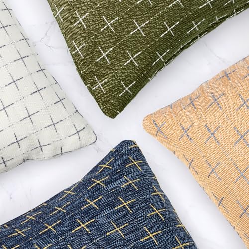 JoraLion Decorative 14x36 Lumbar Pillow Cover, Blue Cross Pattern Woven Textured Cushion Case Polyester Cozy Modern Farmhouse Vintage Pillowcase for Couch Sofa Bed Living Room, ONLY 1 Cover - color: Blue
