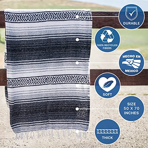 Benevolence LA Authentic Mexican Blanket – Handwoven Falsa Serape Throw – Beach, Camping, Picnic & Yoga Blanket – Lightweight Cotton Throw for Outdoor & Home – Gray, 50x70 in - color: Gray