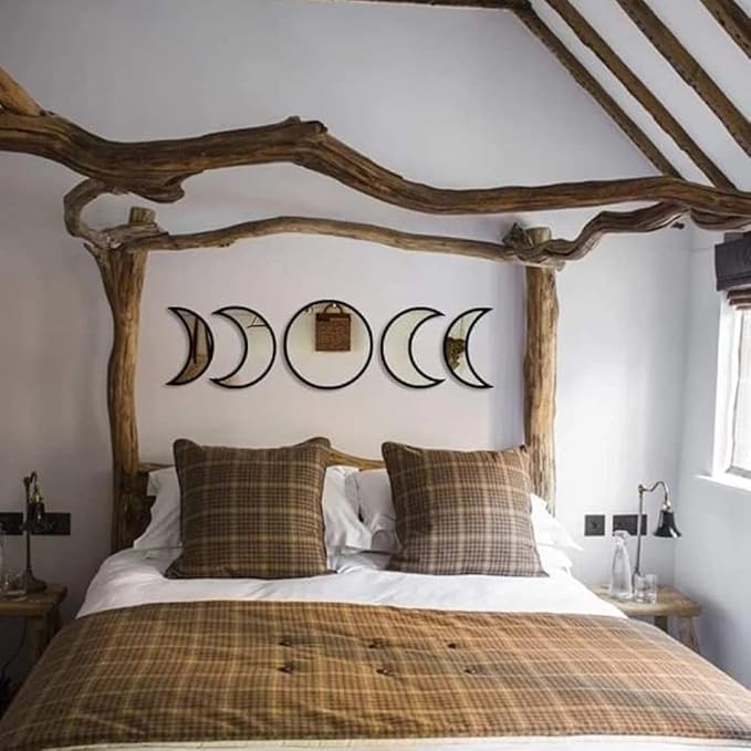 5 Pieces Scandinavian Natural Decor Acrylic Wall Decorative Interior Design Wooden Moon Phase Mirror Bohemian Wall Decoration for Home Living Room Bedroom - Not Real Mirror(Black)