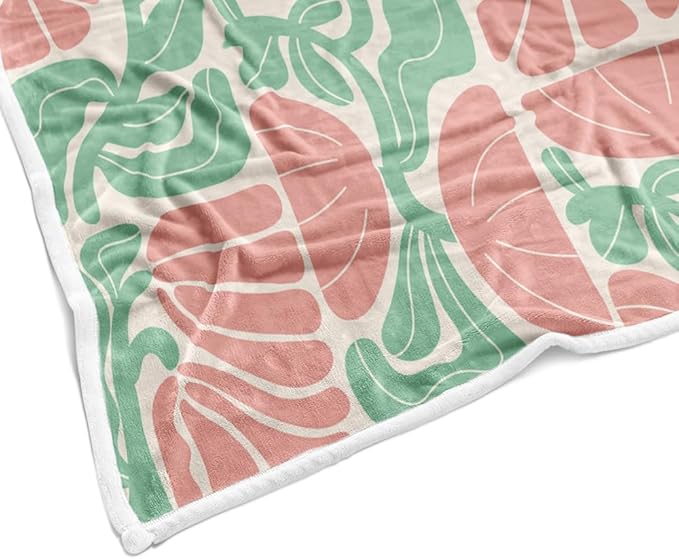 Boho Abstract Colorful Floral Throw Blanket, Vintage Retro Patchwork Pink Green Flower Botanical Geometric Aesthetic Groovy Flannel Throw Blanket for Chair Bed Sofa Couch, 50X60IN