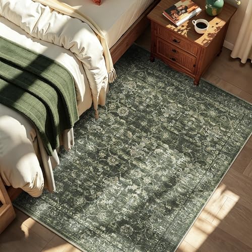 4x5 Green Washable Area Rugs for Living Room Vintage Boho Non Slip Rug Distressed Floral Carpet Indoor Retro Soft Low Pile Farmhouse Throw Rug for Bedroom Dining Room Nursery Office - color: Dark Green, size: 4' x 5' (Rectangular)