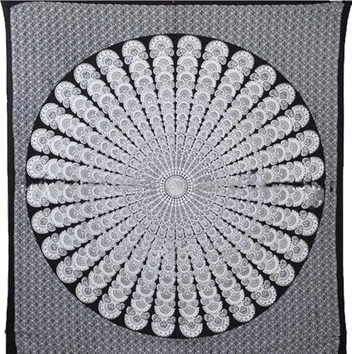 Bless International Handmade Indian hippie Bohemian Psychedelic Peacock Mandala Wall hanging College Dorm Beach Throws Table Cloth Bedding Tapestry (Black White, Queen(84x90Inches)(215x230Cms)) - color: Black White, size: 90"L x 84"W