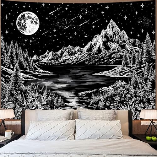 Zussun Black and White Mountain Forest Tapestry for Bedroom Aesthetic Dark Nature Lake Landscape Tapestries Wall Hanging Moon and Stars Wall Tapestry for Living Room Dorm 48 × 36 Inch - color: Black Lake, size: 48"L x 36"W