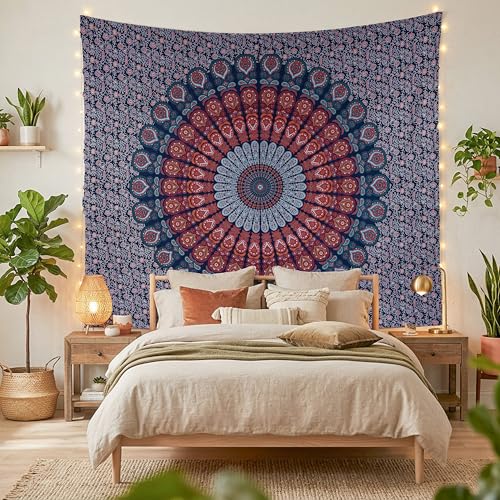 FURNISHFUL FINESSE Handmade Cotton Peacock Mandala Tapestry - Boho Wall Decor, Bohemian Hippie Room Hanging for Bedroom, Dorm & Living Room Aesthetic - 54x84 Inches, (Golden Blue) - color: Golden Blue, size: 84"L x 54"W