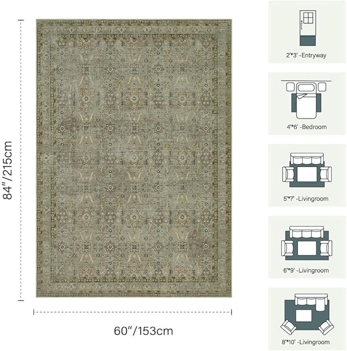 5x7 Area Rugs for Living Room Bedroom, Washable Rug, Vintage Floral Boho Rug, Non Slip & Low Pile Faux Wool Thin Carpet for Indoor Dining Room and Kids Room(Olive Brown 5x7ft)