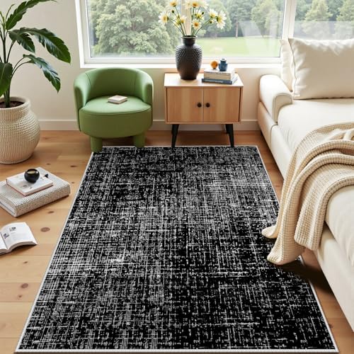 Black and White Area Rug 5x8, Modern Abstract Rug for Living Room, Minimalist Distressed Carpet, Contemporary Decor, Soft & Non Slip & Washable & Large Rugs for Bedroom, Office, Dining Table - color: Black1, size: 5x8 ft
