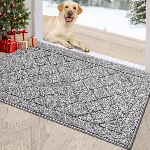 REFETONE Indoor Doormat, Front Back Door Mat 24"x36" Rubber Backing Non Slip Mats, Absorbent Washable Entrance Doormat for Entryway, Resist Dirt Low-Profile Inside Floor Mat for Muddy Shoes Light Grey - color: Big Plaid Light Grey, size: 2' x 3' (Rectangu