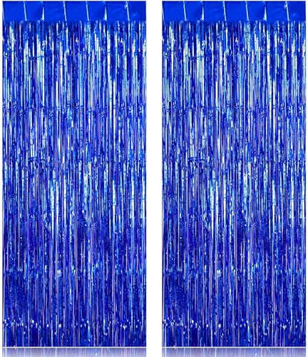 2 Pack Fringe Curtains Backdrops, Foil Fringe Curtains, Door Streamers for Birthday Wedding Bridal Shower Holiday Graduation Party Decorations, Photo Booth Backdrops, Blue - color: Blue