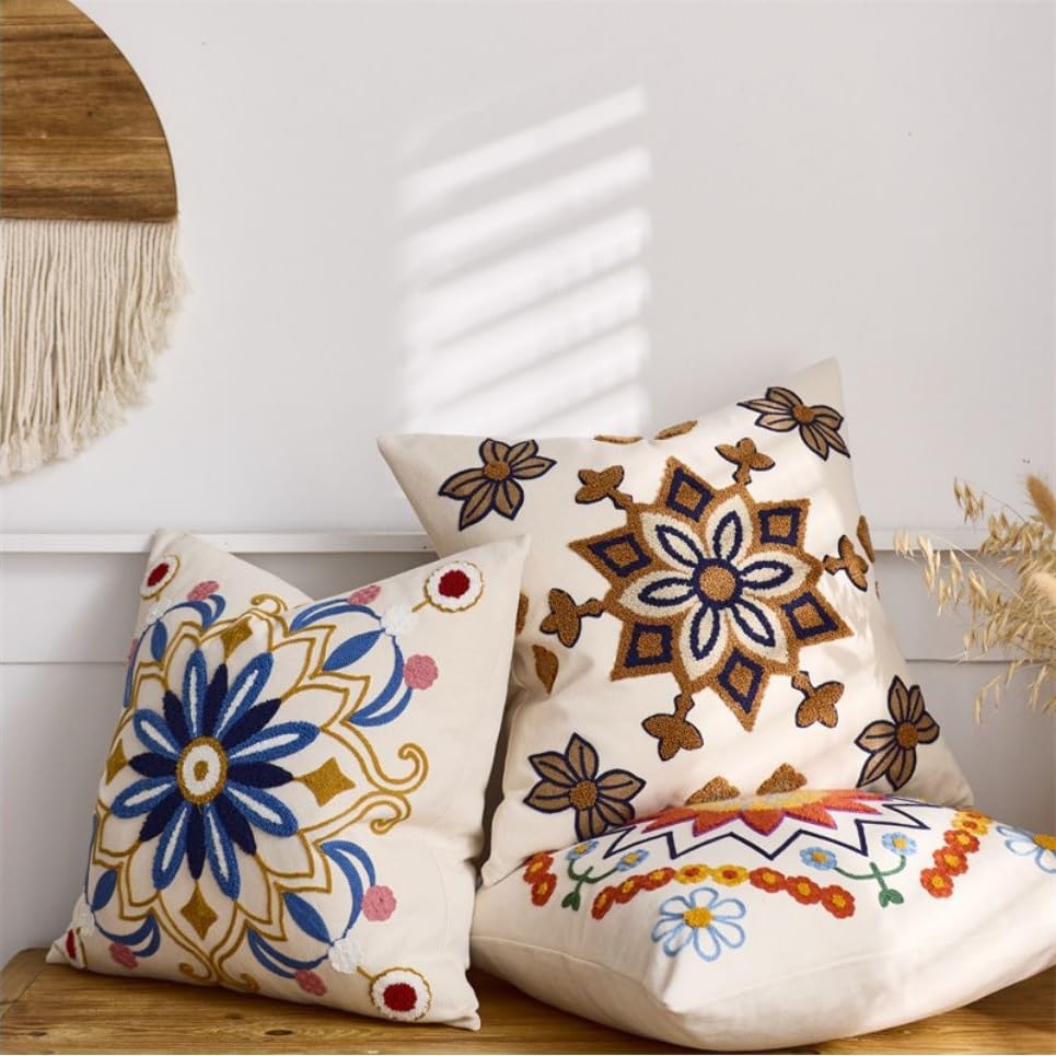 Boho Throw Pillows,18x18 Accent Throw Pillow Covers,Bohemian Embroidered Textured Cushion Case,Sunflower Decorative Farmhouse Pillowcase for Couch Sofa Bedroom Living Room Home Decor Orange