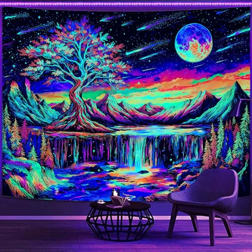 Zussun Blacklight Tree of Life Tapestry UV Reactive Moon Mountain Forest Waterfull Tapestry for Bedroom Aesthetic Nature Small Tapestries Wall Hanging for Dorm Living Room Decor 60 x 44 Inch - color: Warm Red, size: 60"L x 44"W