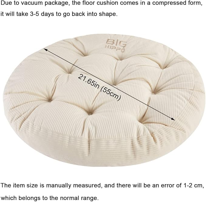 Big Hippo Floor Pillow Cushion, 22 Inch Round Seat Cushions Thick Meditation Cushion for Yoga Living Room Sofa Balcony Indoor & Outdoor (Beige)