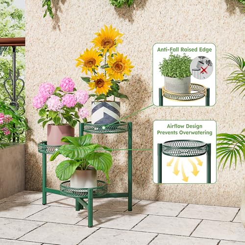 Plant Stand Indoor Outdoor, 3 Tier Corner Metal Flower Display Holder Shelf, Folding Tall Plant Rack for House Patio Balcony Porch Garden Living Room, Heavy Duty Anti-Rust Wrought Iron - GreenFlower - color: GreenFlower, size: 3-tiers