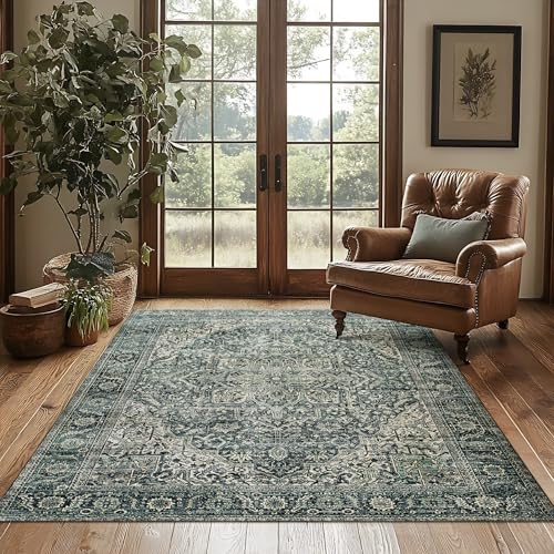 BILEEHOME Green Area Rug 5x7 Machine Washable Rug for Bedroom Living Room Boho Vintage Oriental Farmhouse Floral Carpet, Dark Green - color: Dark Green, size: 5' x 7' (Rectangular)