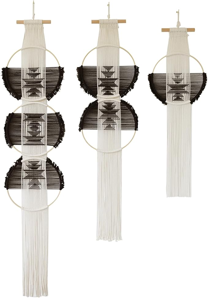 Flber Macrame Wall Hanging Combination 3 Pcs Beige and Black Handmade Woven Boho Home Chic Wall Decor Geometric Art Decor Bedroom Nursery Apartment Dorm Decoration Minimalistic Neutral Wall Decor