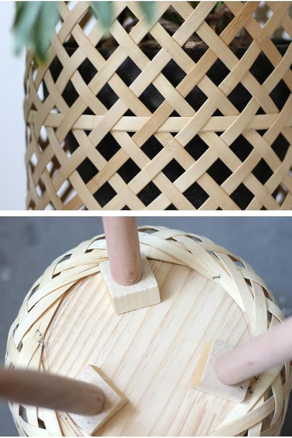 RISEON Set of 2 Handmade Mid Century Modern Planter, Rustic Indoor Rattan Basket Flower Pot Plant Stand,Large Floor Planter