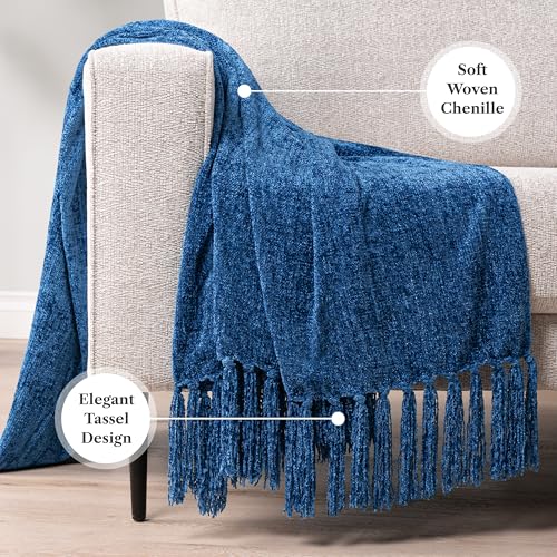 PAVILIA Blue Throw Blanket for Couch, Twin Size Bed, Chenille Throw for Sofa Bed, Soft Knit Woven Decorative Blanket with Tassel for Living Room, Blue Twin 60x80 - color: Blue, size: 60 X 80 Inches - Twin