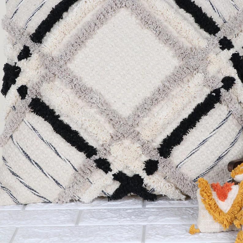 Boho Shaggy Tufted Throw Pillow Cover, Geometric Plaid Woven Decorative Cushion Case, Black Grey Off White Textured Square Pillowcase for Couch Sofa Home Decor, Pillow Insert Not Included