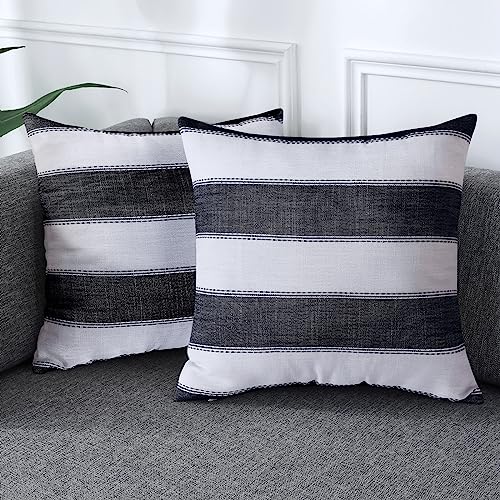 AmHoo Pack of 2 Farmhouse Stripe Check Throw Pillow Covers Set Case Cotton Linen Decorative Pillowcases Cushion Cover for Couch Bench Sofa 16x16Inch Black - color: Black, size: 16" x 16" (Pack of 2)