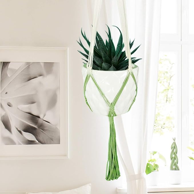 LIVALAYA Macrame Plant Hangers Wall Planter - Green Ombre 48 Inch, for Indoor or Outdoor, 100% Cotton Rope Hanging Plant Holder with Tassel for Flower Pots and Succulents Modern Boho Home Décor