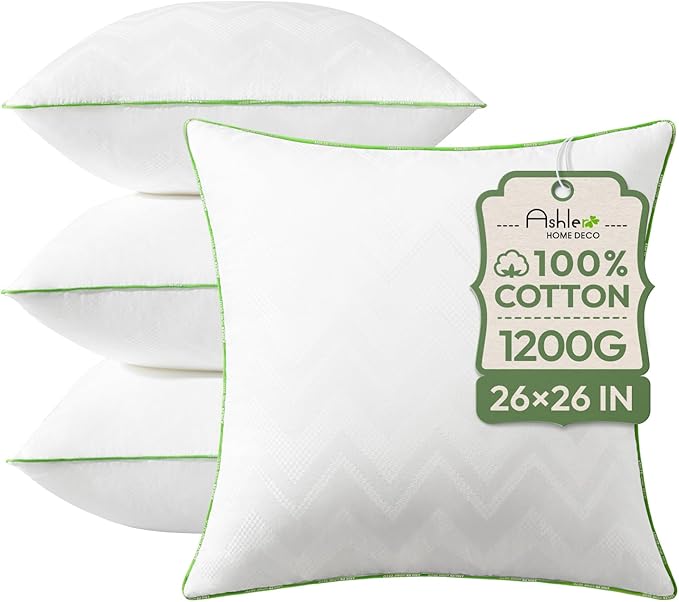 Ashler Throw Pillow Inserts (Pack of 4, White), 26 x 26 Inches Pillow Inserts with 100% Cotton Cover, Indoor Decorative Pillows Inserts for Couch Sofa and Bed