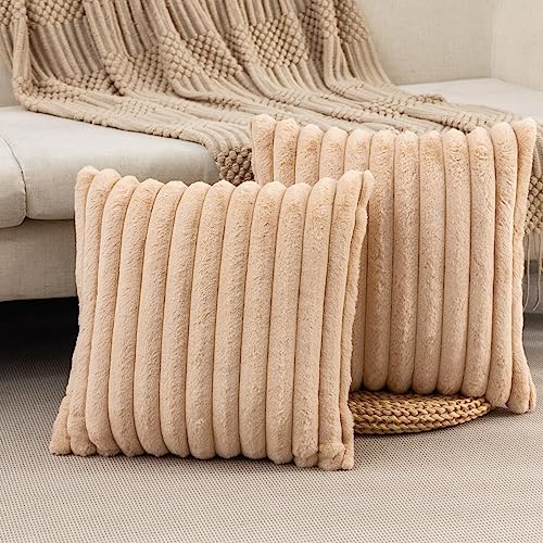 ZLINA Set of 2 Apricot Faux Fur Decorative Throw Pillow Covers Fluffy Striped Pillowcase Cushion Covers 16 x 16 Inch Decor Sofa Couch Bedroom - color: Apricot, size: 16" x 16" (Pack of 2)
