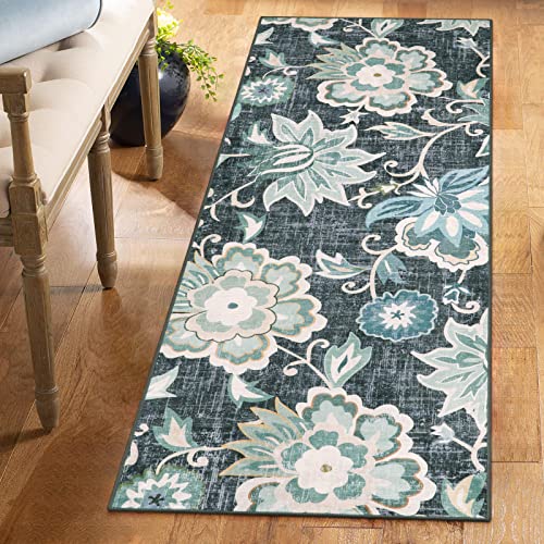 Beeiva Floral 2x5 Rug Runners for Hallways, Ultra Thin Blue Kitchen Runner Rug Washable, Vintage Plant Non-Shedding Bathroom Non-Slip Hallway Carpet for Entryway Bedroom Kitchen - color: Blue, size: 2' x 5' (Rectangular)